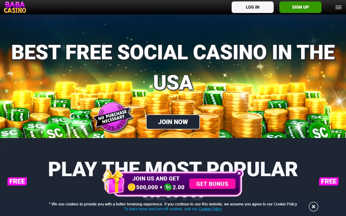 Baba Casino homepage showing the unique branded lobby design