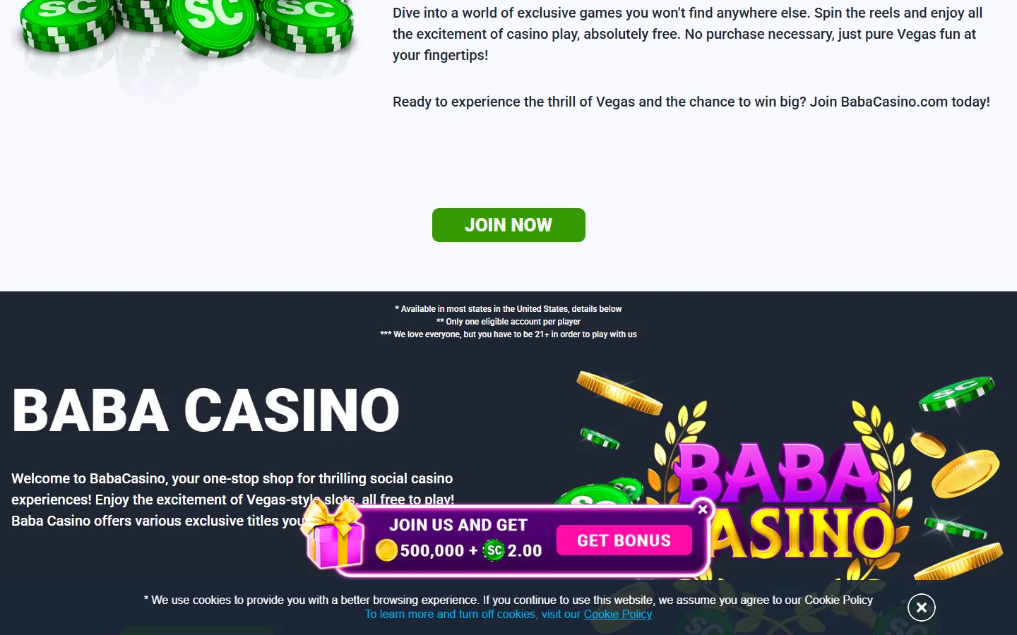 Baba Casino promotions page showing the Coin Vault system and welcome bonus