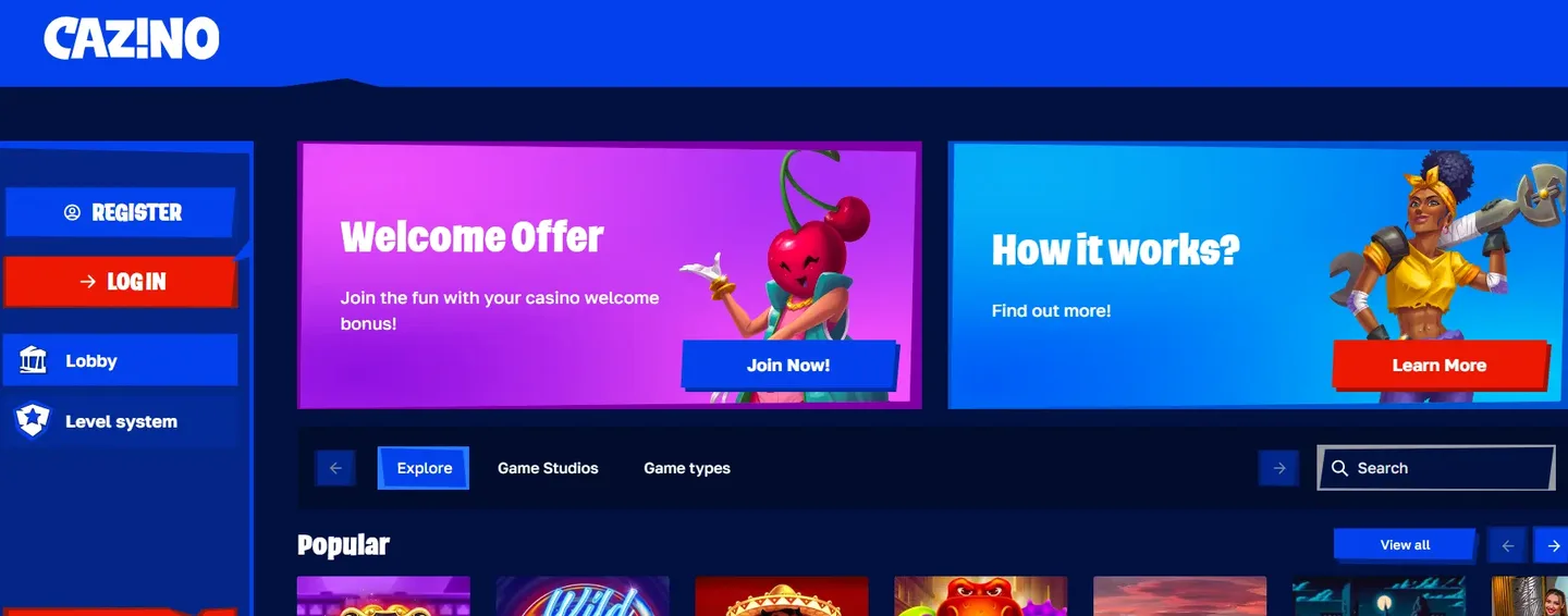 Cazino homepage showing the casino lobby with crypto payment options