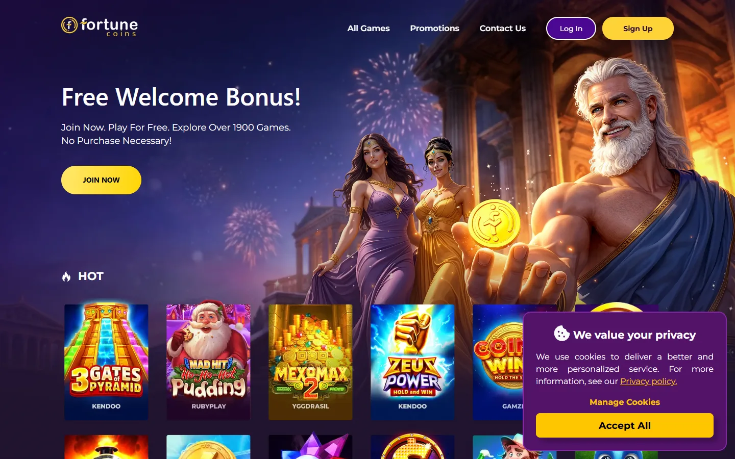 Fortune Coins homepage showing the main lobby and featured games