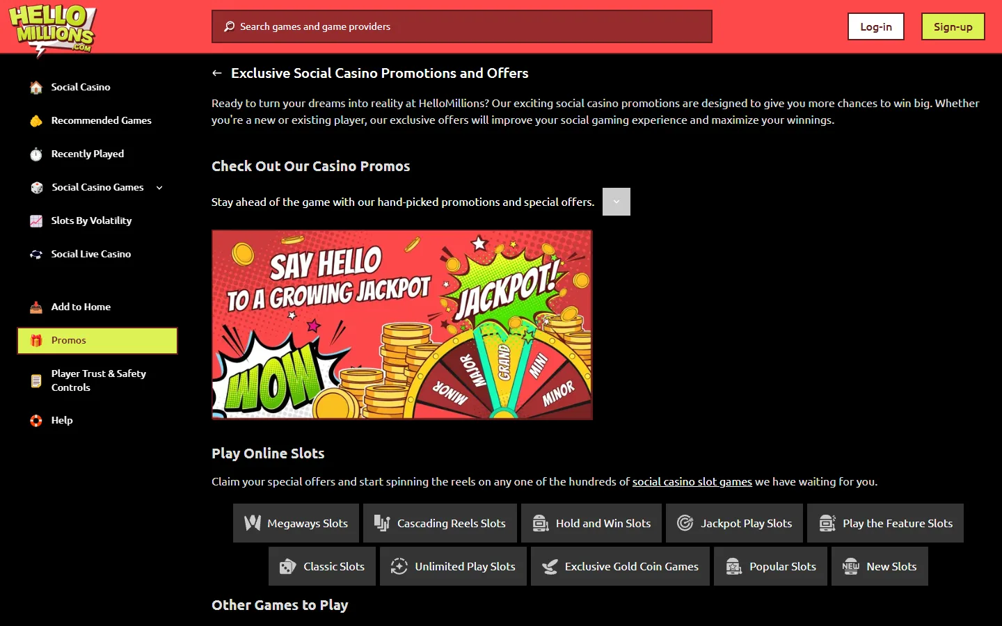 Hello Millions promotions page with welcome bonus and daily rewards