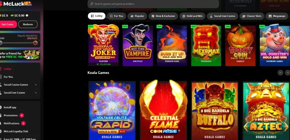 McLuck Casino homepage showing the main lobby with game categories and welcome bonus