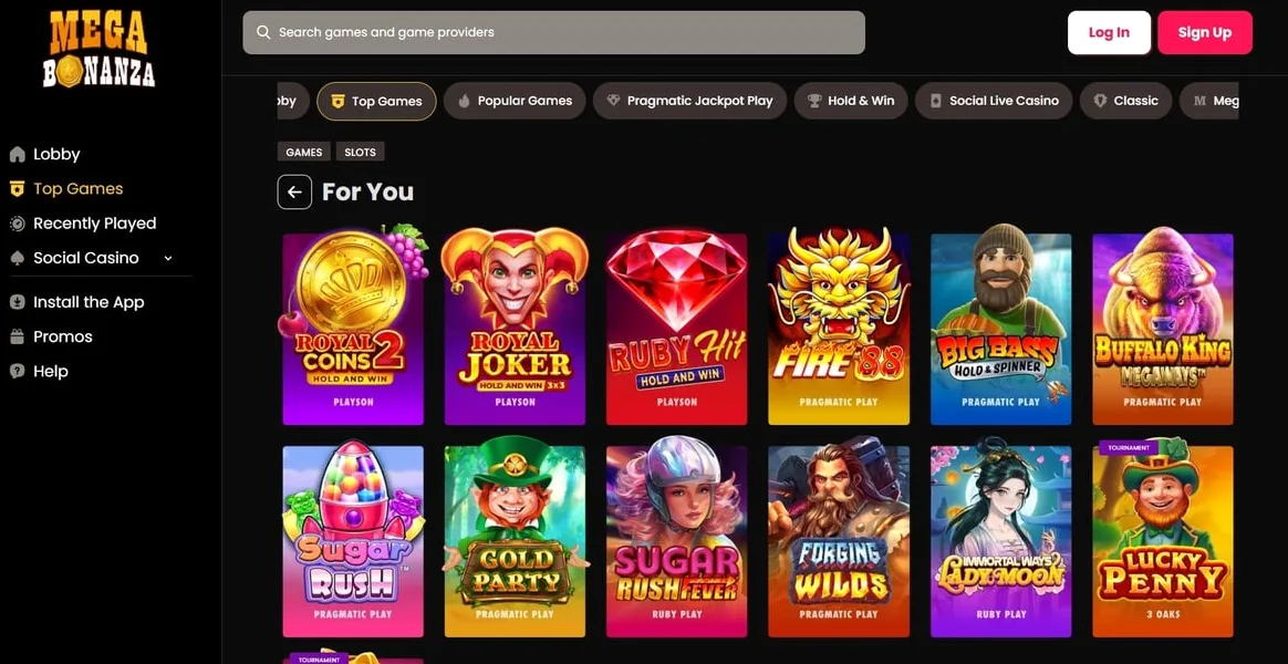 MegaBonanza game selection showing slots and table games