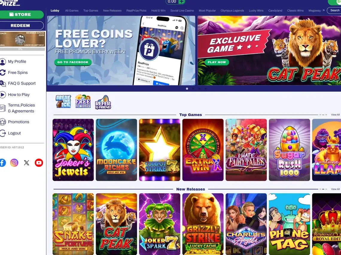 Real Prize homepage showing the casino lobby with featured games