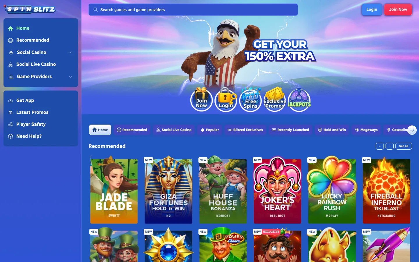 SpinBlitz homepage showing the main lobby with featured slots and promotions