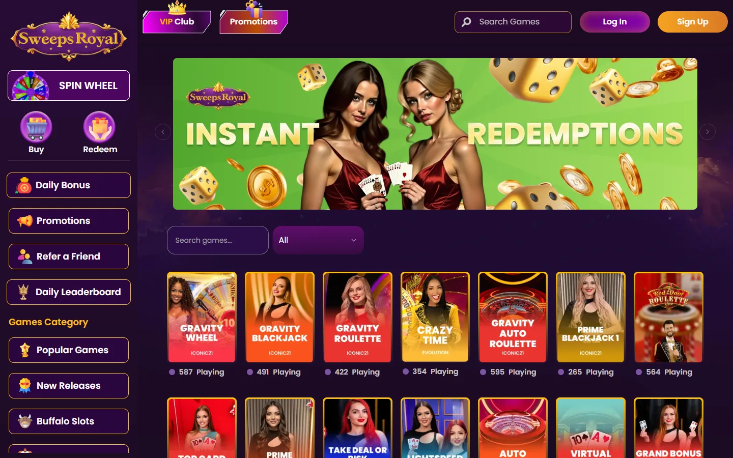 Sweeps Royal live casino section showing real-time dealer tables