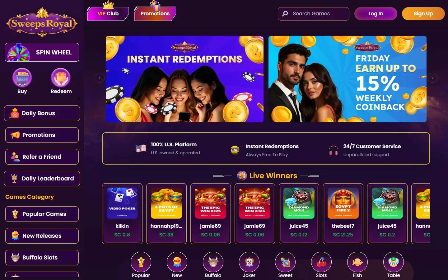 Sweeps Royal homepage showing the extensive game library and live dealer section